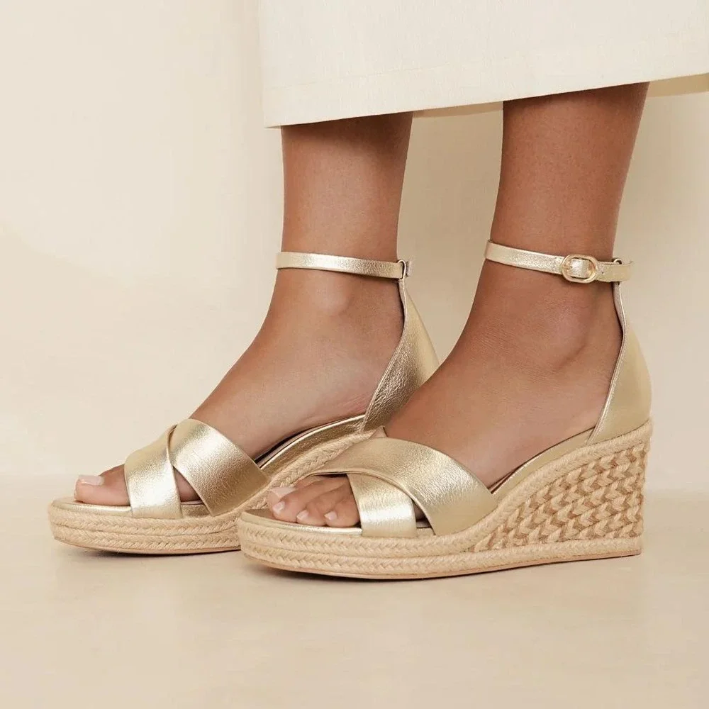 NEW FRANKIE4 Gold Tumbled Baker Wedge Heel Espadrille Leather Comfort Size 7